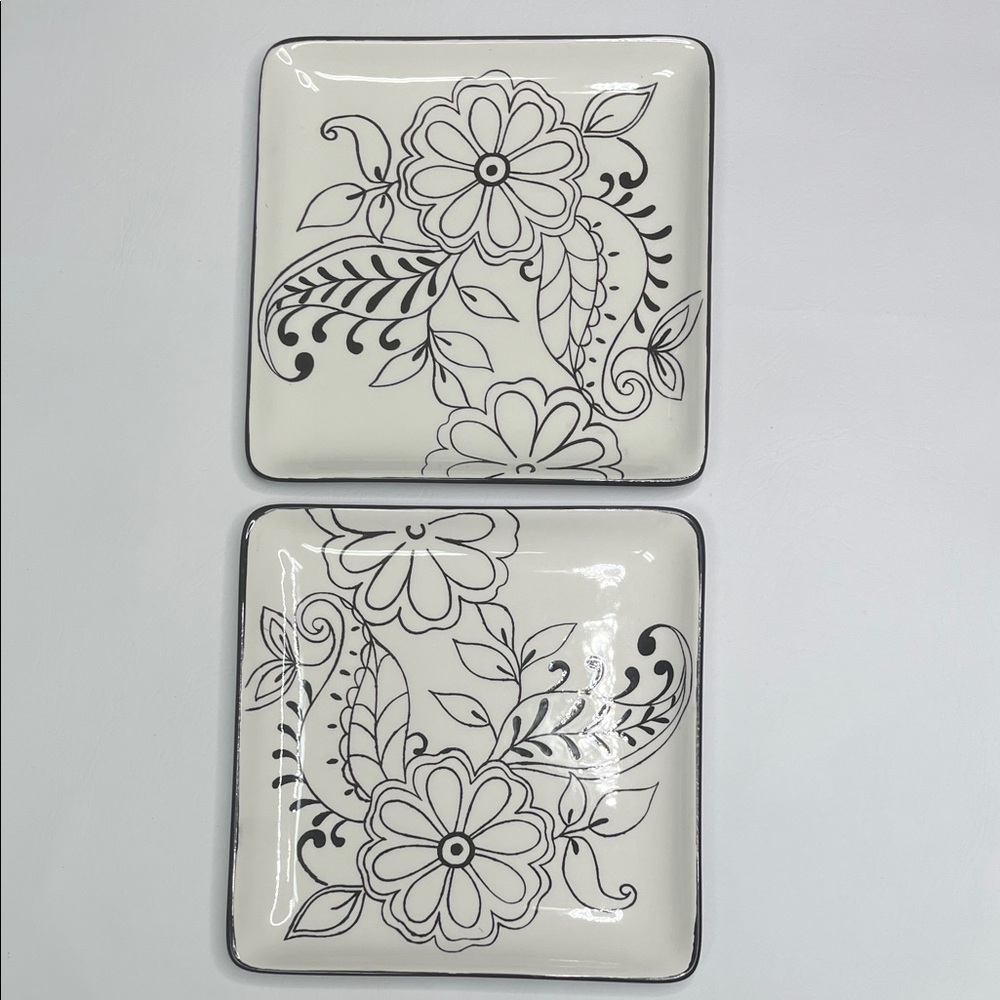 Floral Square Salad Plates Laurie Gates Black and White 2 pcs